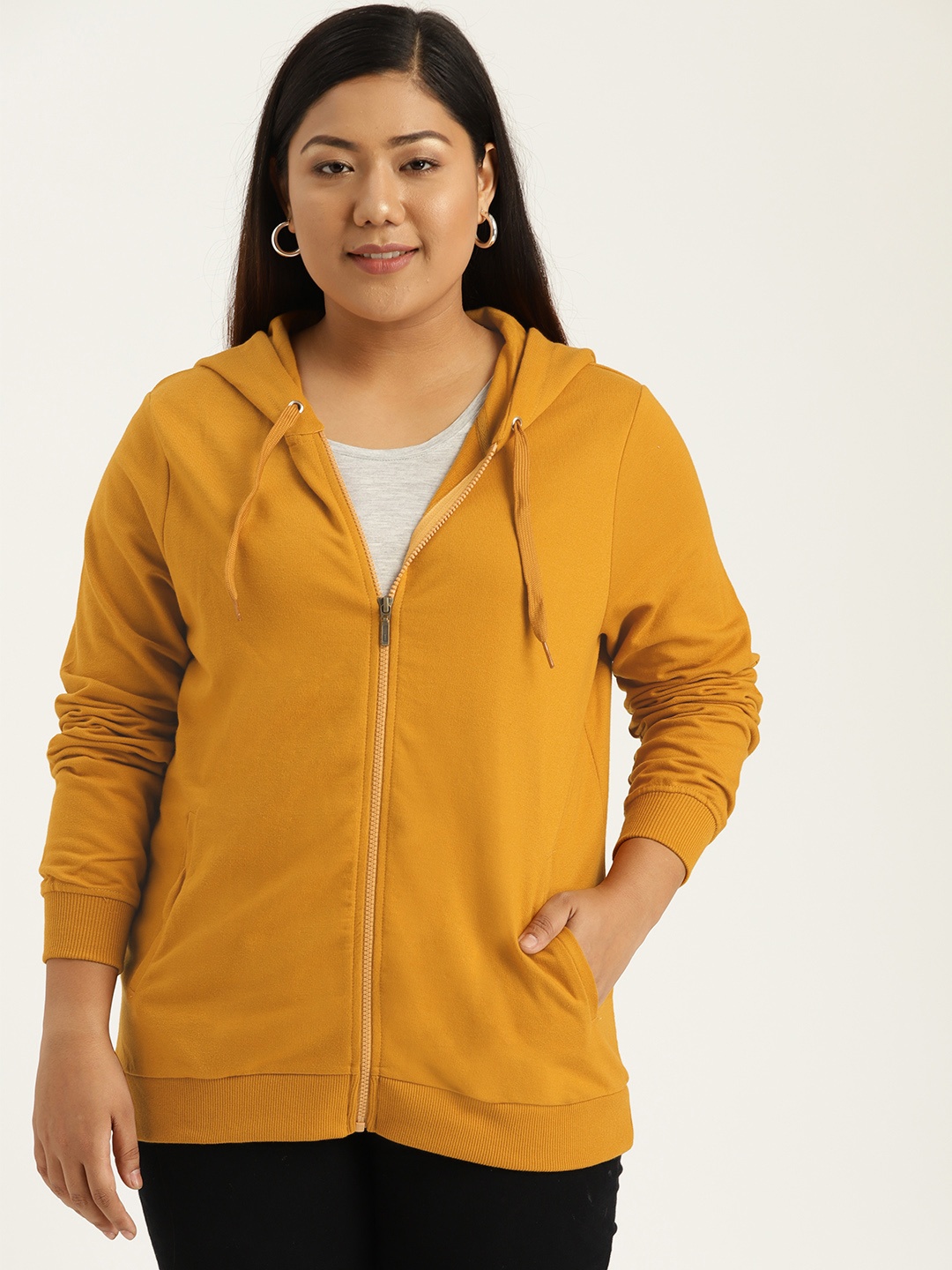 

Sztori Plus Size Women Mustard Yellow Solid Hooded Sweatshirt