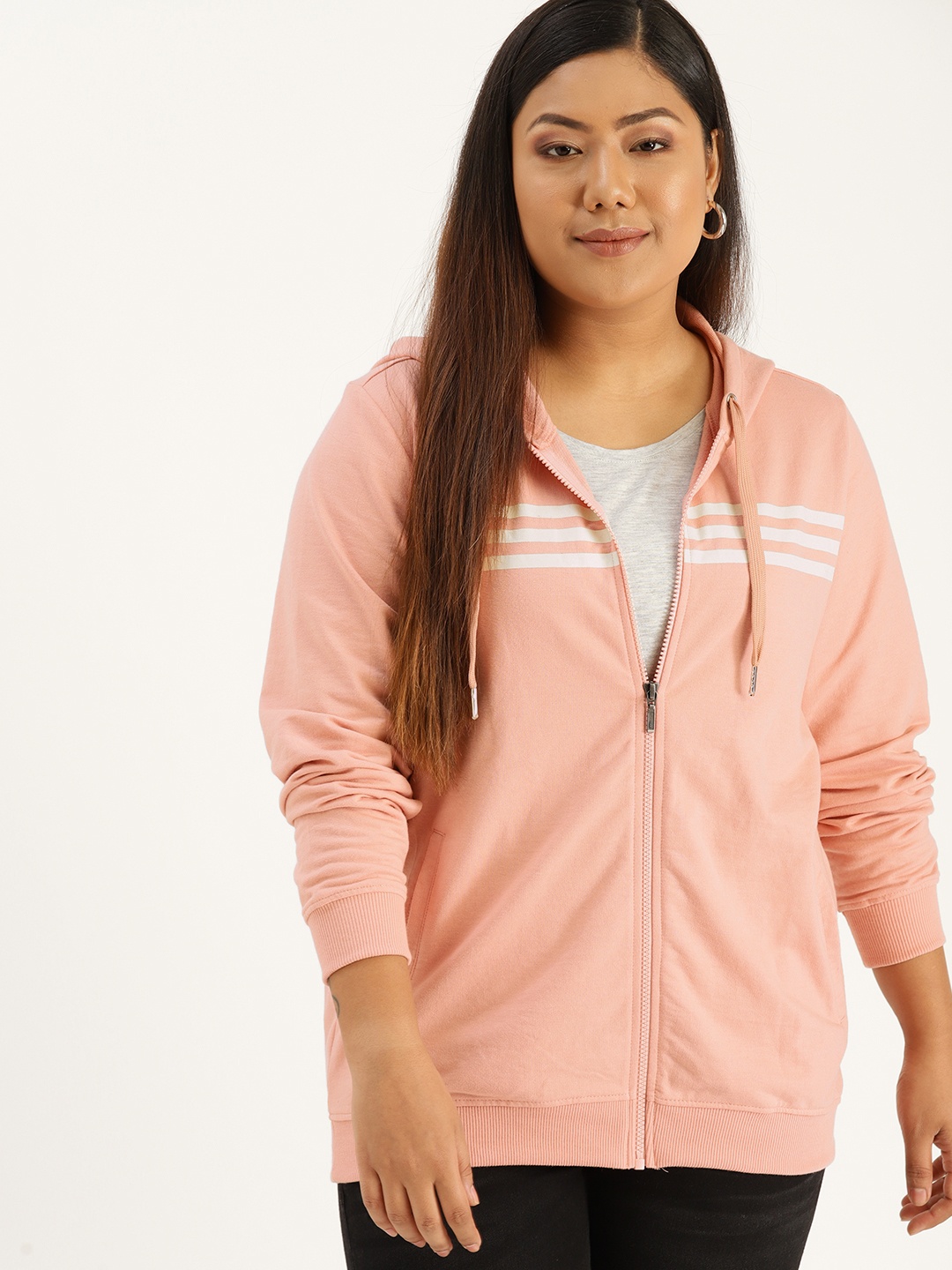 

Sztori Plus Size Women Peach-Coloured Off-White Striped Detail Hooded Sweatshirt