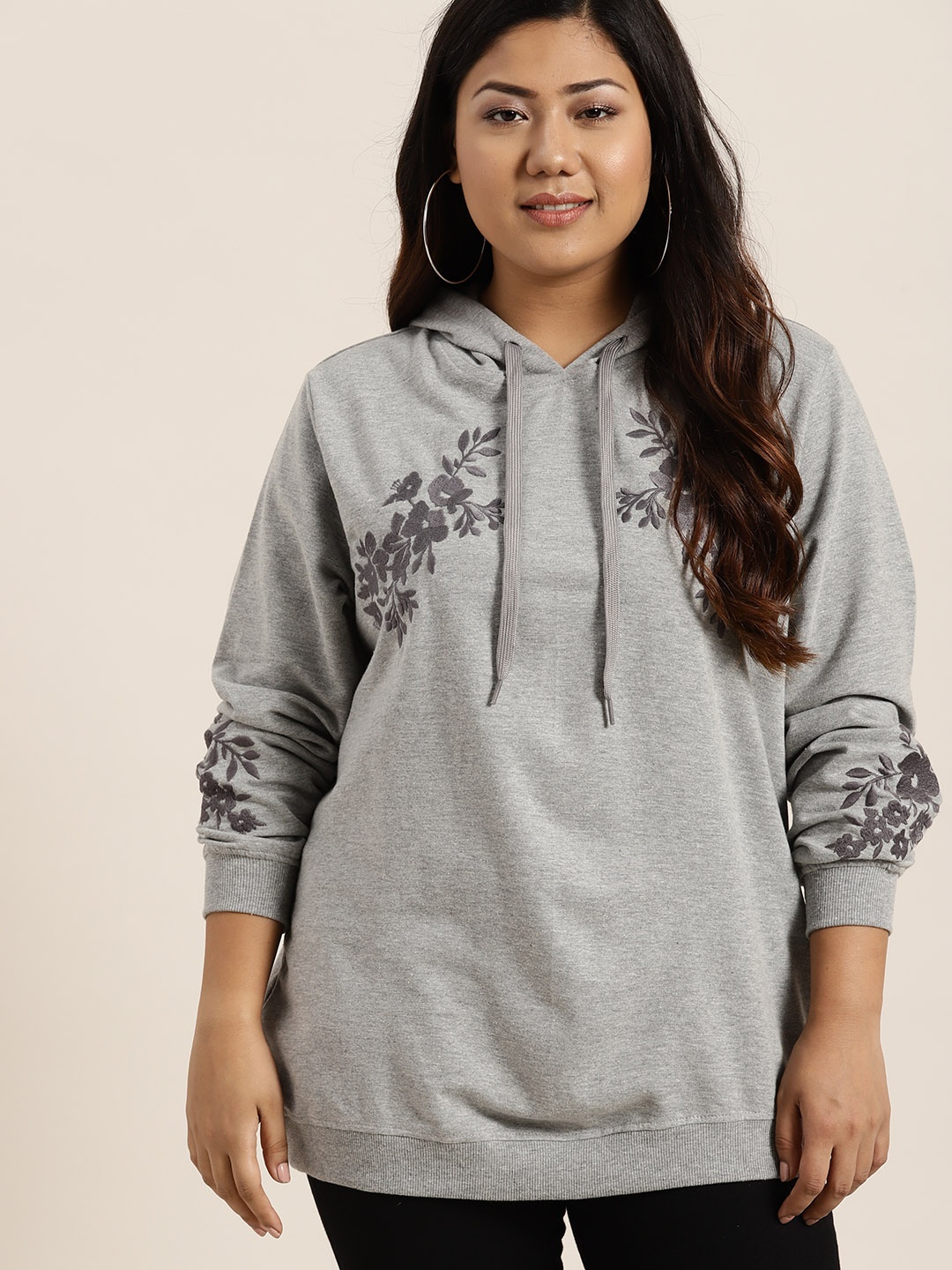 

Sztori Plus Size Women Grey Melange Solid Hooded Sweatshirt with Embroidered Detail