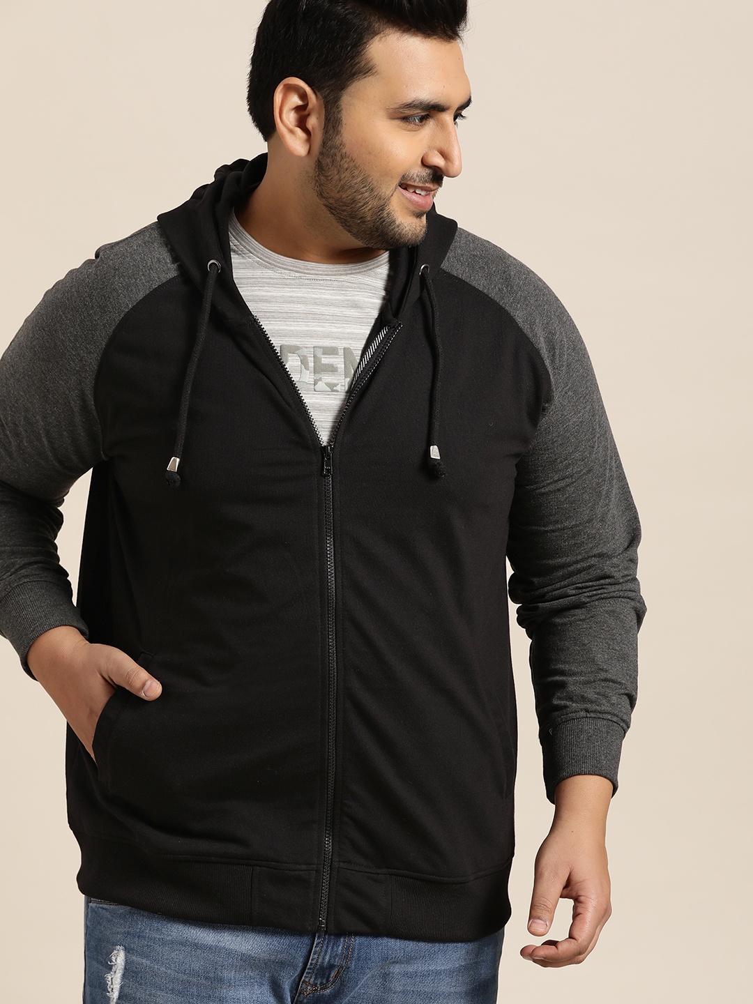 

Sztori Plus Size Men Black Grey Solid Hooded Sweatshirt