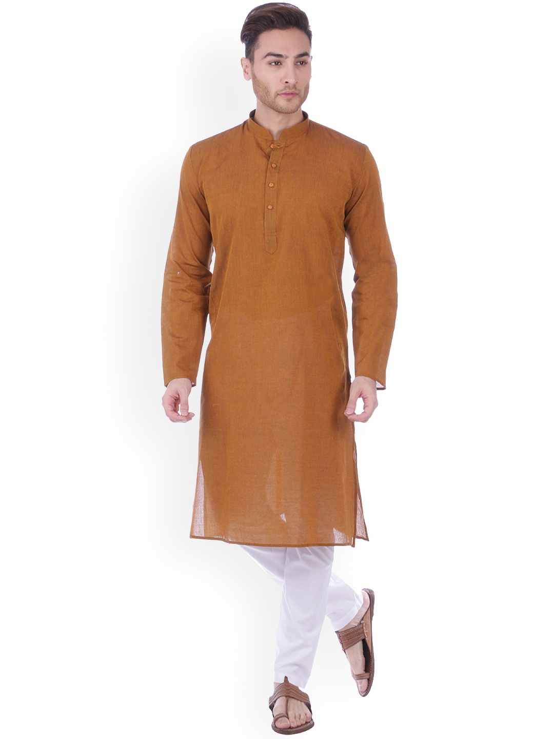 

RAJUBHAI HARGOVINDAS Men Rust Orange Solid Handloom Straight Kurta