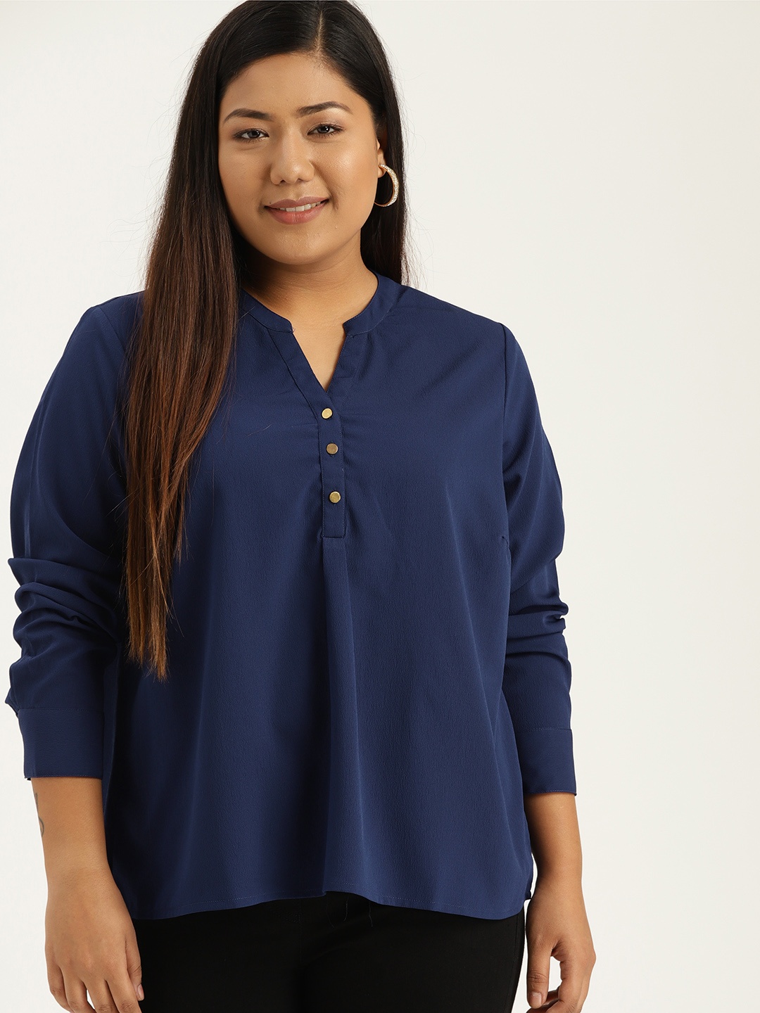 

Sztori Plus Size Women Navy Blue Solid Shirt Style Top