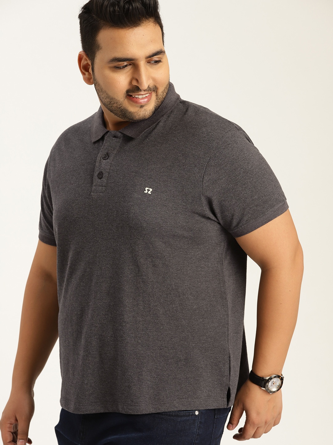 

Sztori Plus Size Men Charcoal Grey Solid Polo Collar T-shirt