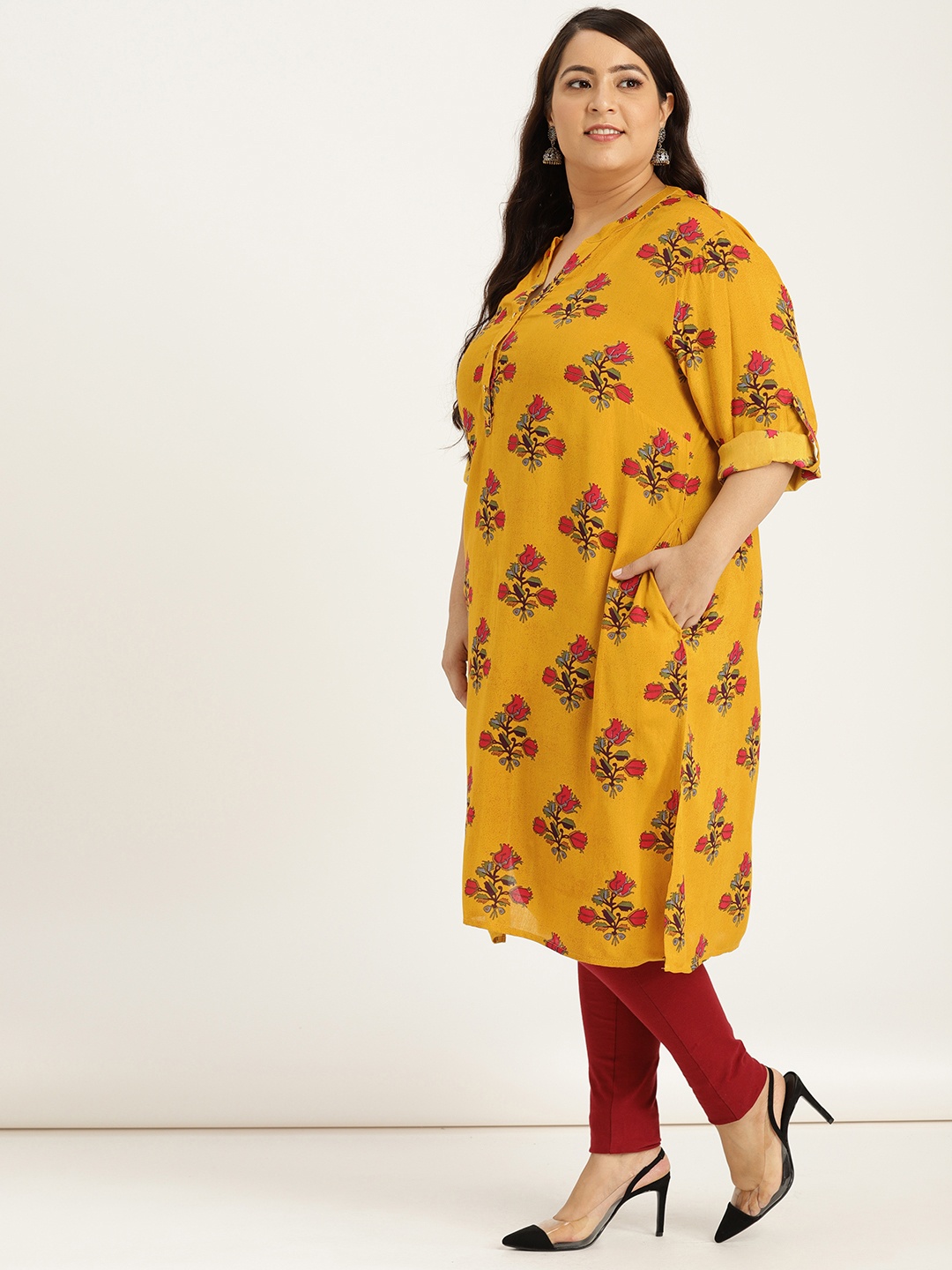 

Sztori Plus Size Women Mustard Yellow Pink Printed Straight Kurta