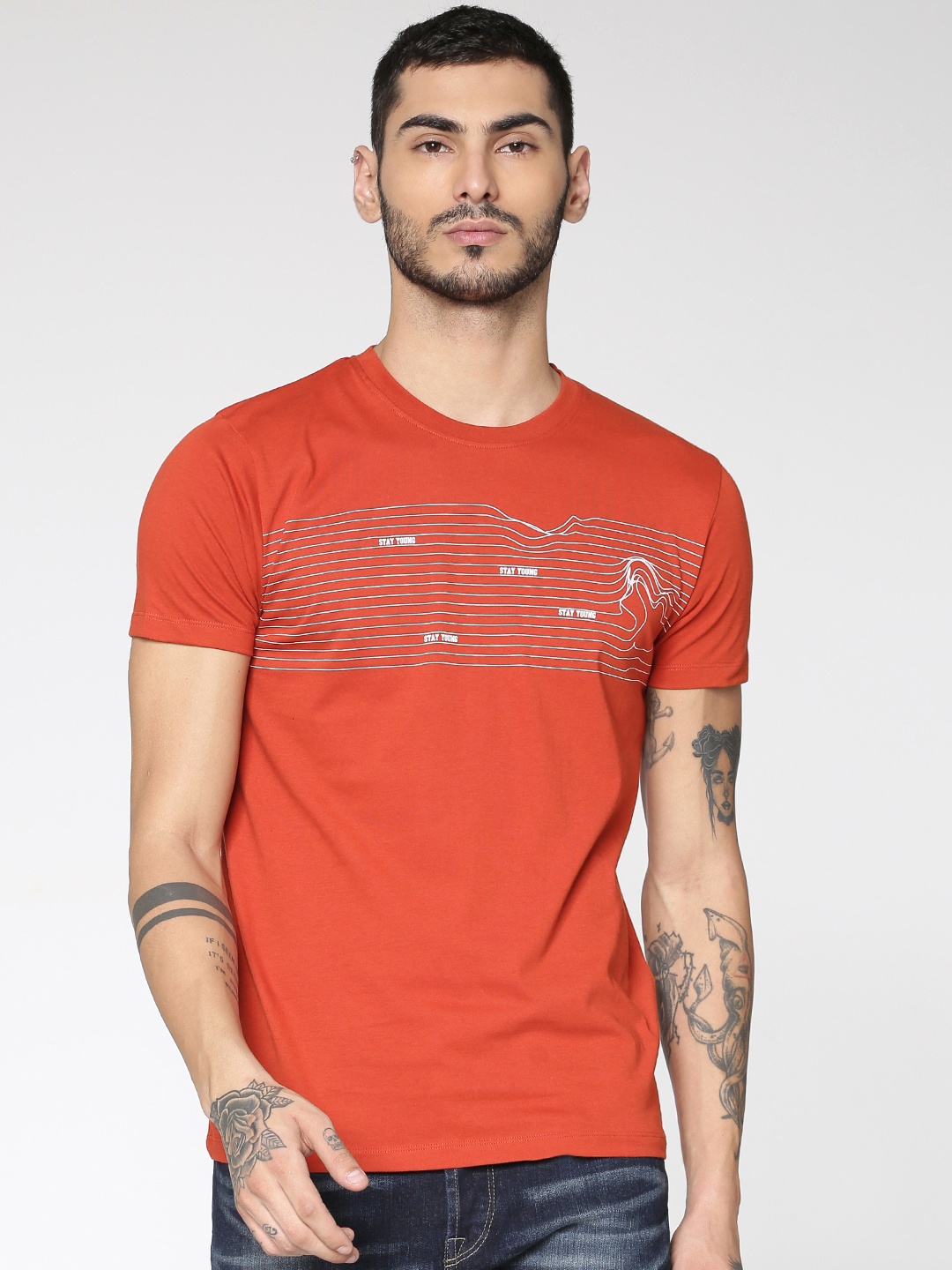 

ONLY & SONS Men Orange Striped Round Neck T-shirt