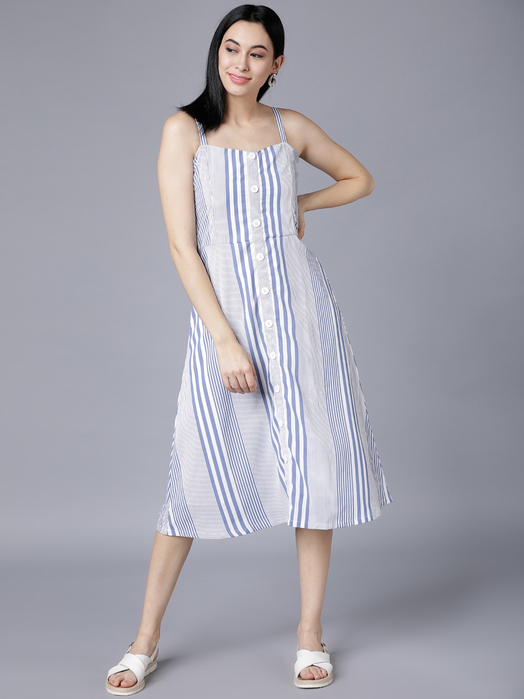 

Tokyo Talkies Women Blue Striped Fit and Flare Dress