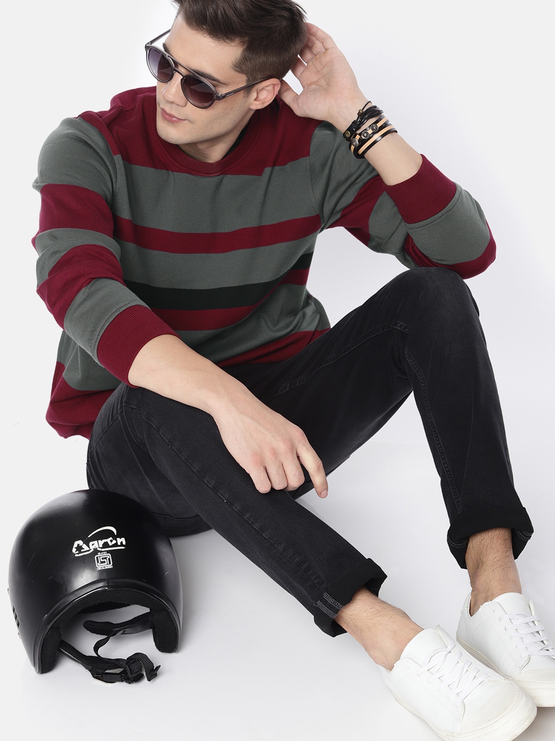 

The Roadster Lifestyle Co Men Maroon & Grey Striped Sweatshirt