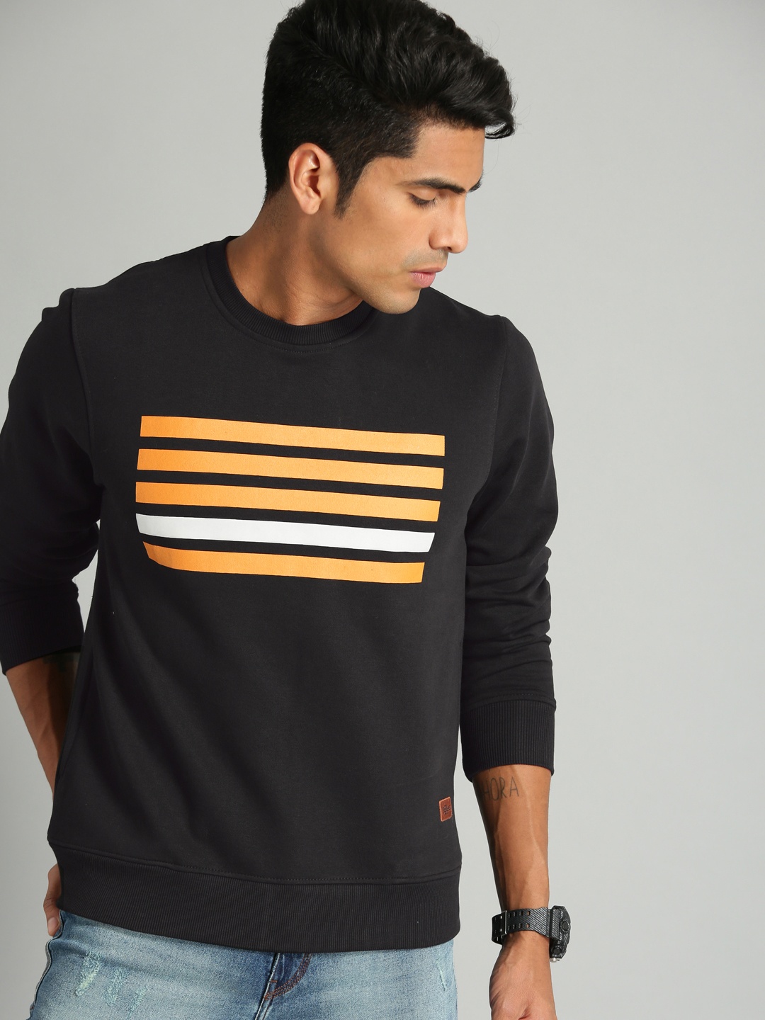 

The Roadster Lifestyle Co Men Black & Mustard Yellow Striped Sweatshirt