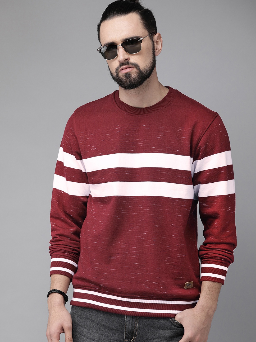 

The Roadster Lifestyle Co Men Maroon & White Striped Sweatshirt