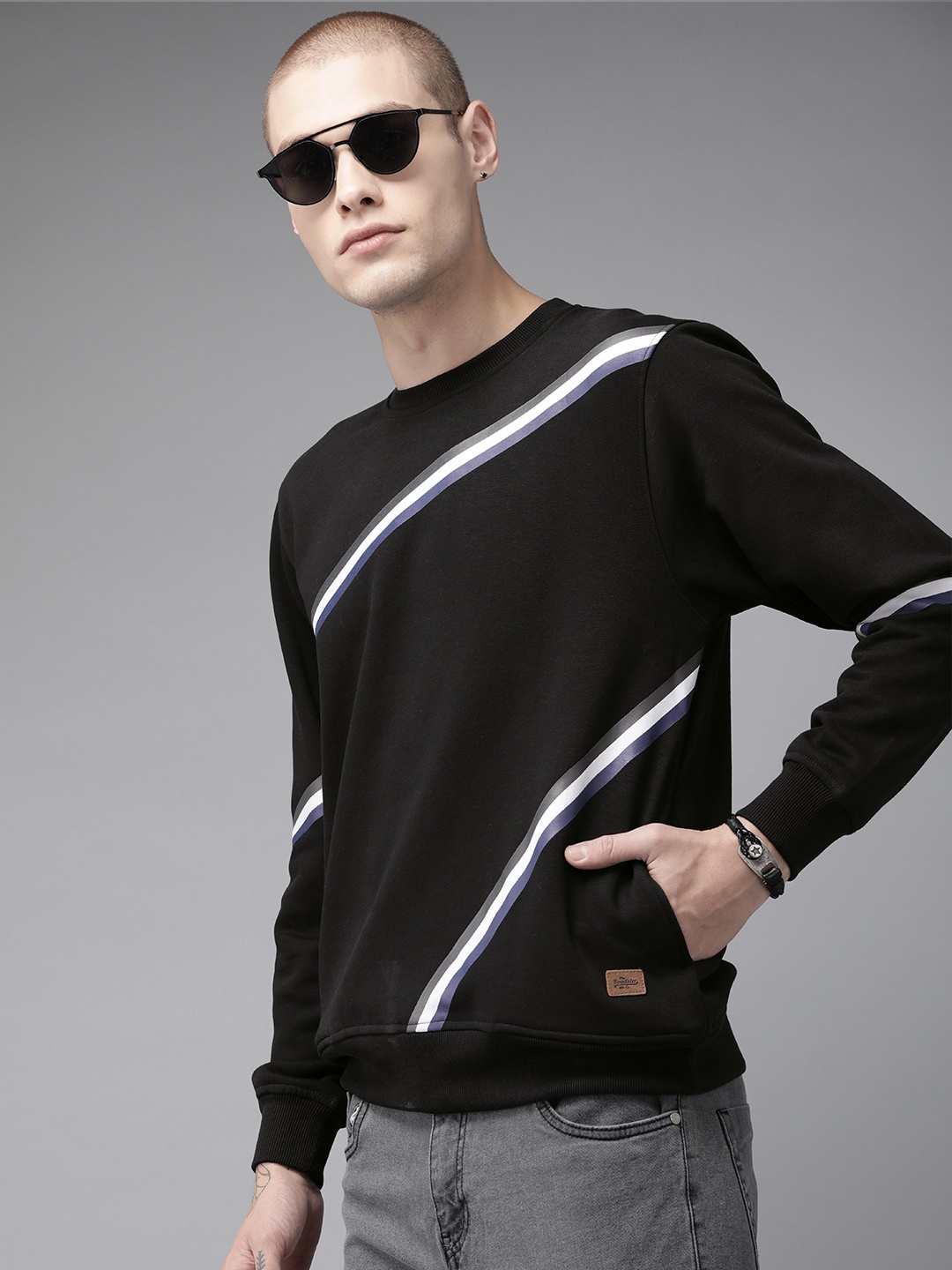 

The Roadster Lifestyle Co Men Black & White Striped Sweatshirt