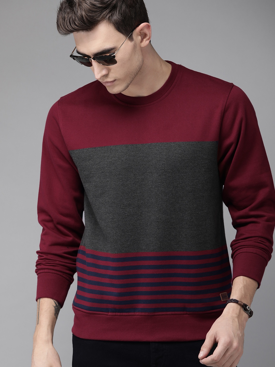 

The Roadster Lifestyle Co Men Maroon & Charcoal Grey Colourblocked Sweatshirt