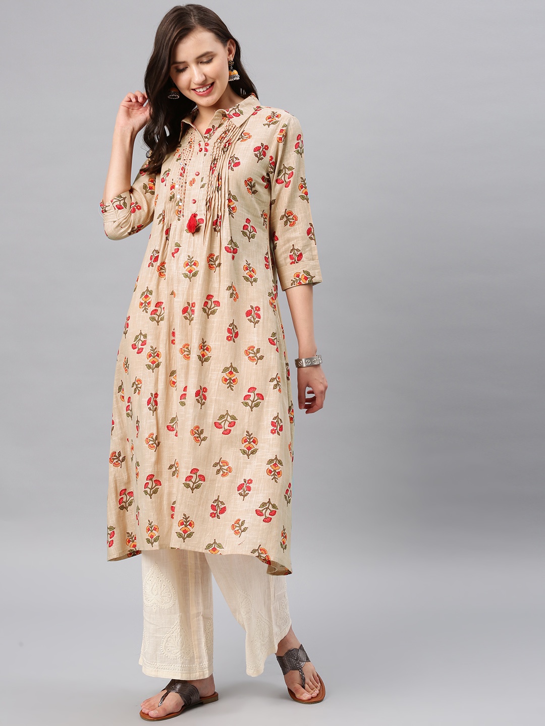 

Alena Women Beige & Olive Green Floral Print A-Line Kurta