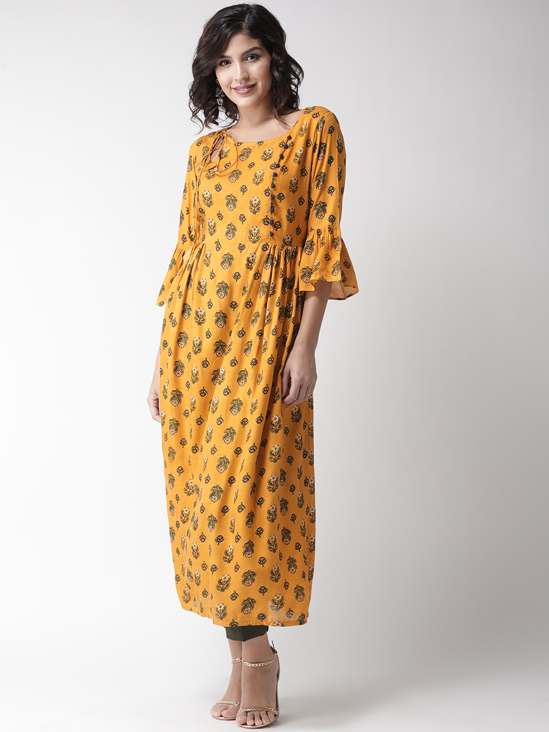 

plusS Women Mustard Yellow & Green Floral Print A-Line Kurta