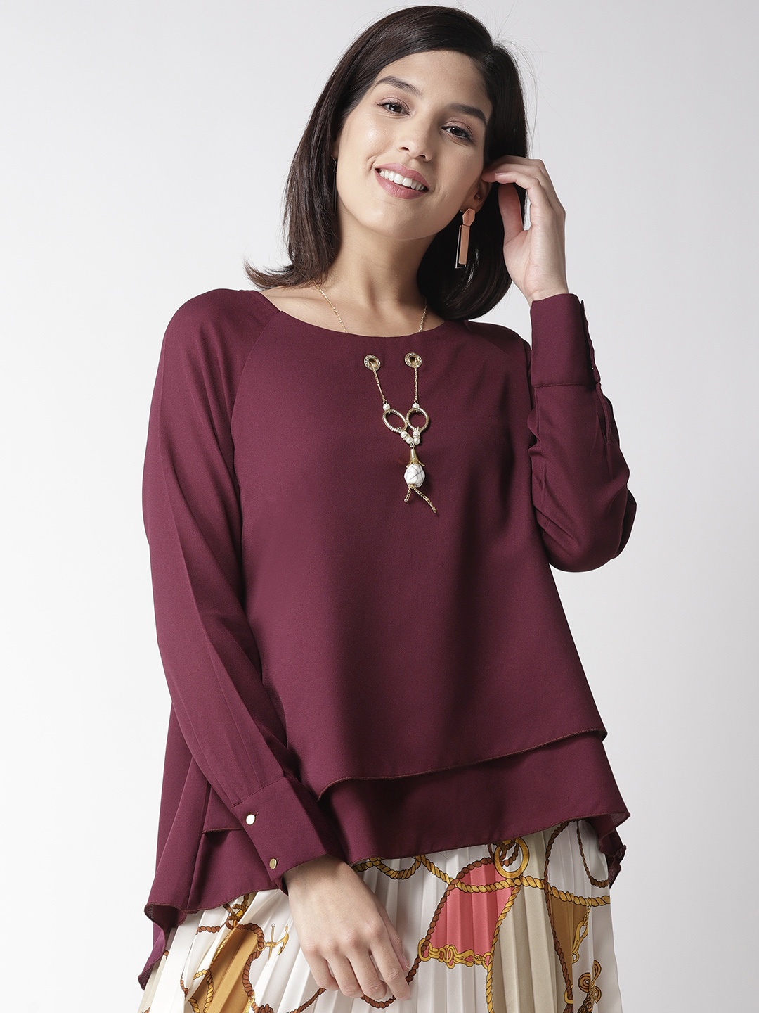 

plusS Women Burgundy Solid Layered Styled Back Top