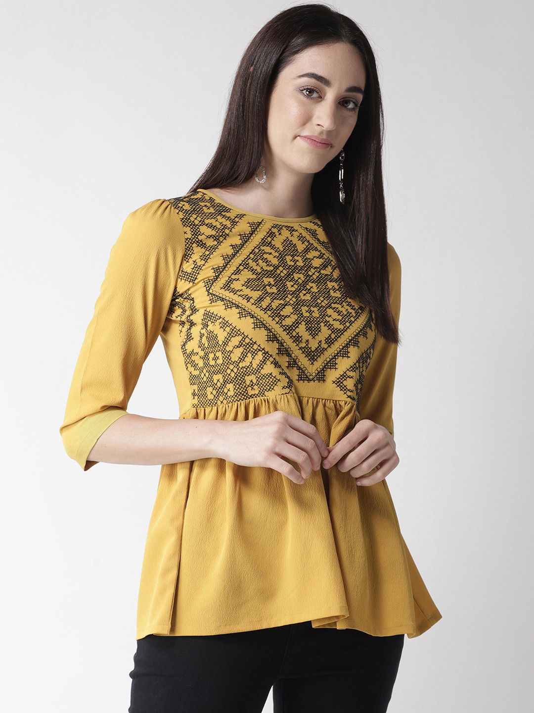 

plusS Studio Women Mustard Yellow & Black Embroidered A-Line Top