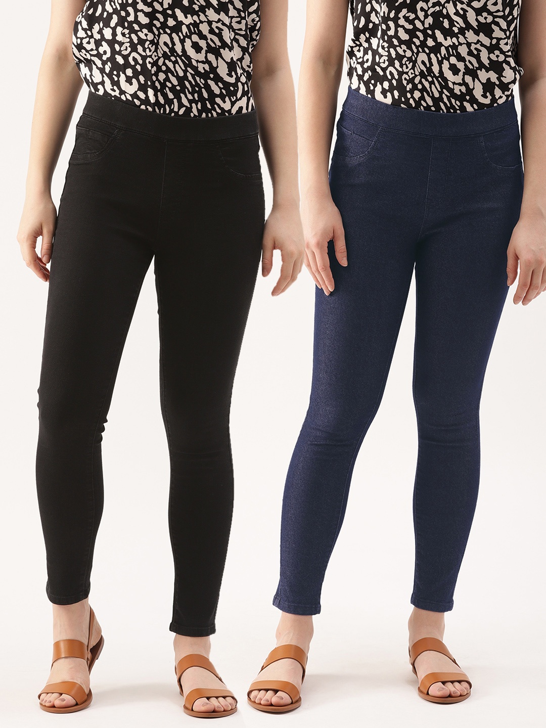 

DressBerry Women Pack of 2 Solid Super Skinny Fit Ankle-Length Denim Jeggings, Black