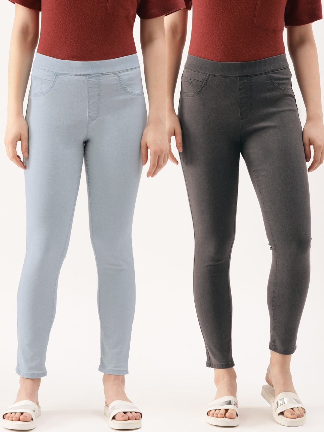 

DressBerry Women Pack of 2 Solid Super Skinny Fit Ankle-Length Denim Jeggings, Charcoal
