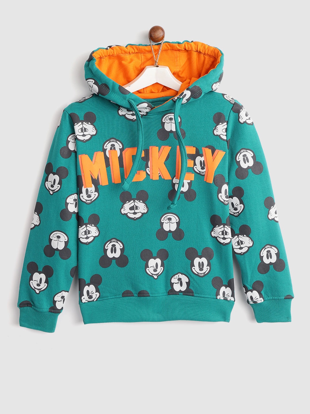 

YK Disney Boys Teal Green & Black Mickey Mouse Print Hooded Mickey Sweatshirt