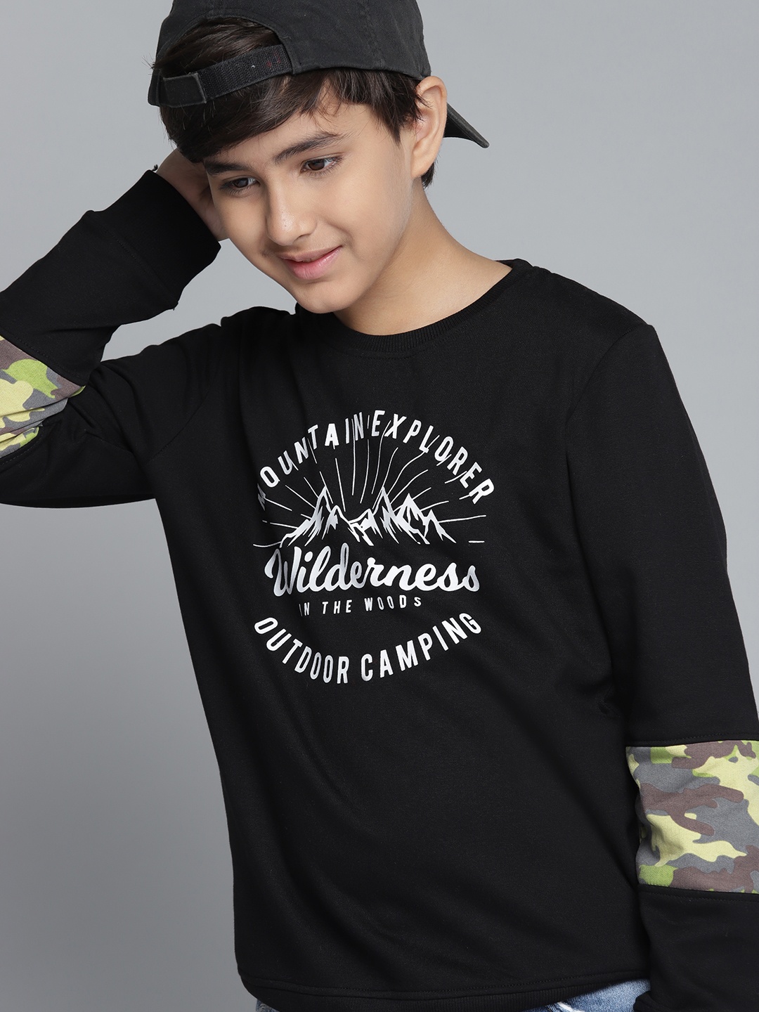 

YK Boys Black Printed Sweatshirt with Camo Patch Sleeves