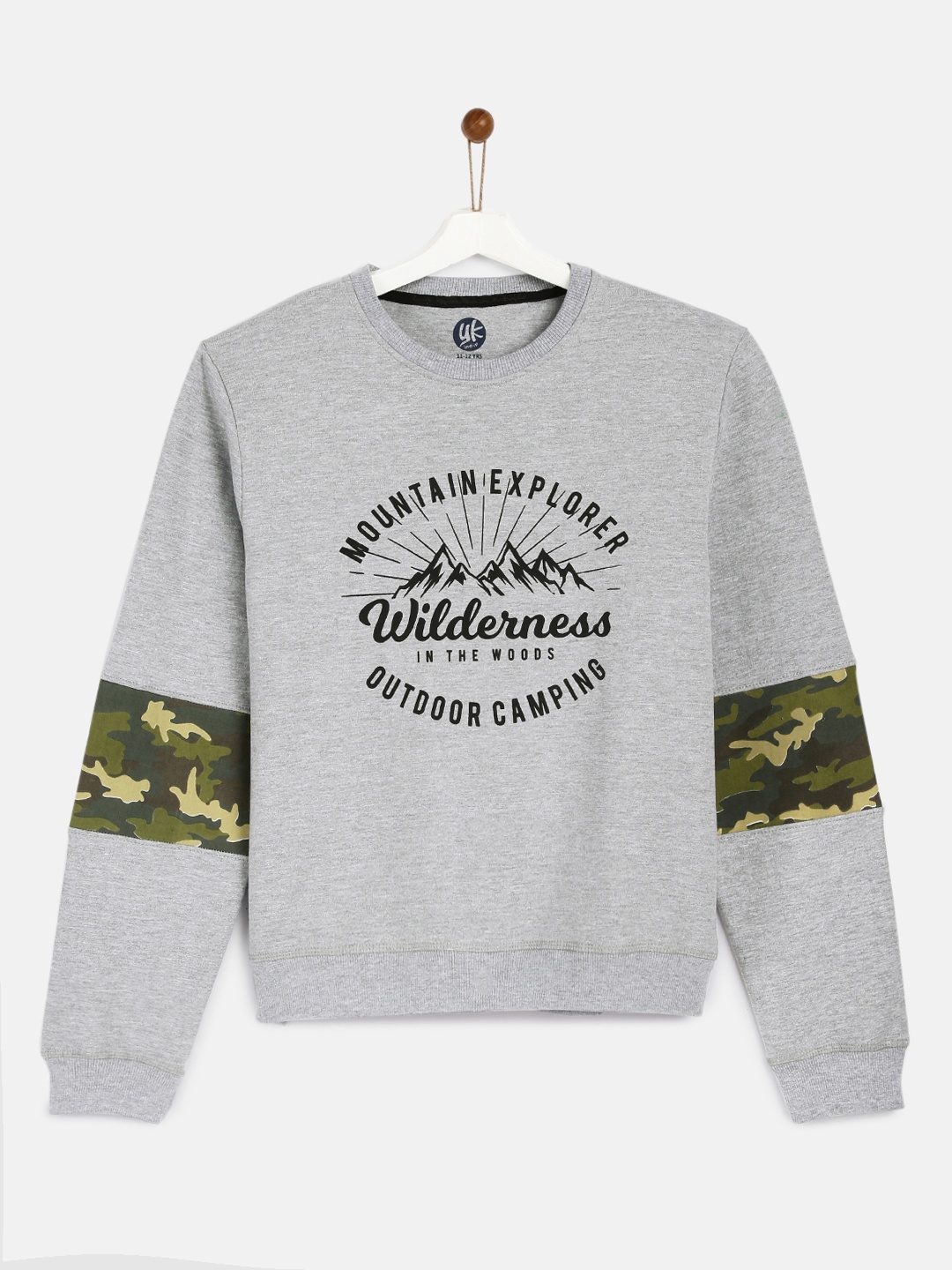 

YK Boys Grey Printed Sweatshirt with Camo Print Sleeves