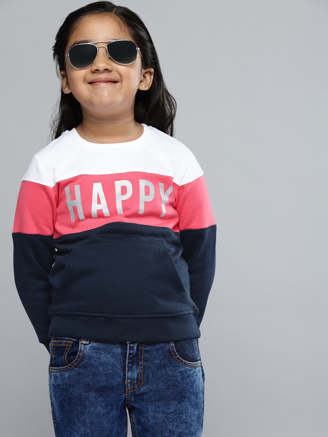 

YK Girls White & Navy Blue Colourblocked Sweatshirt with Printed Detail