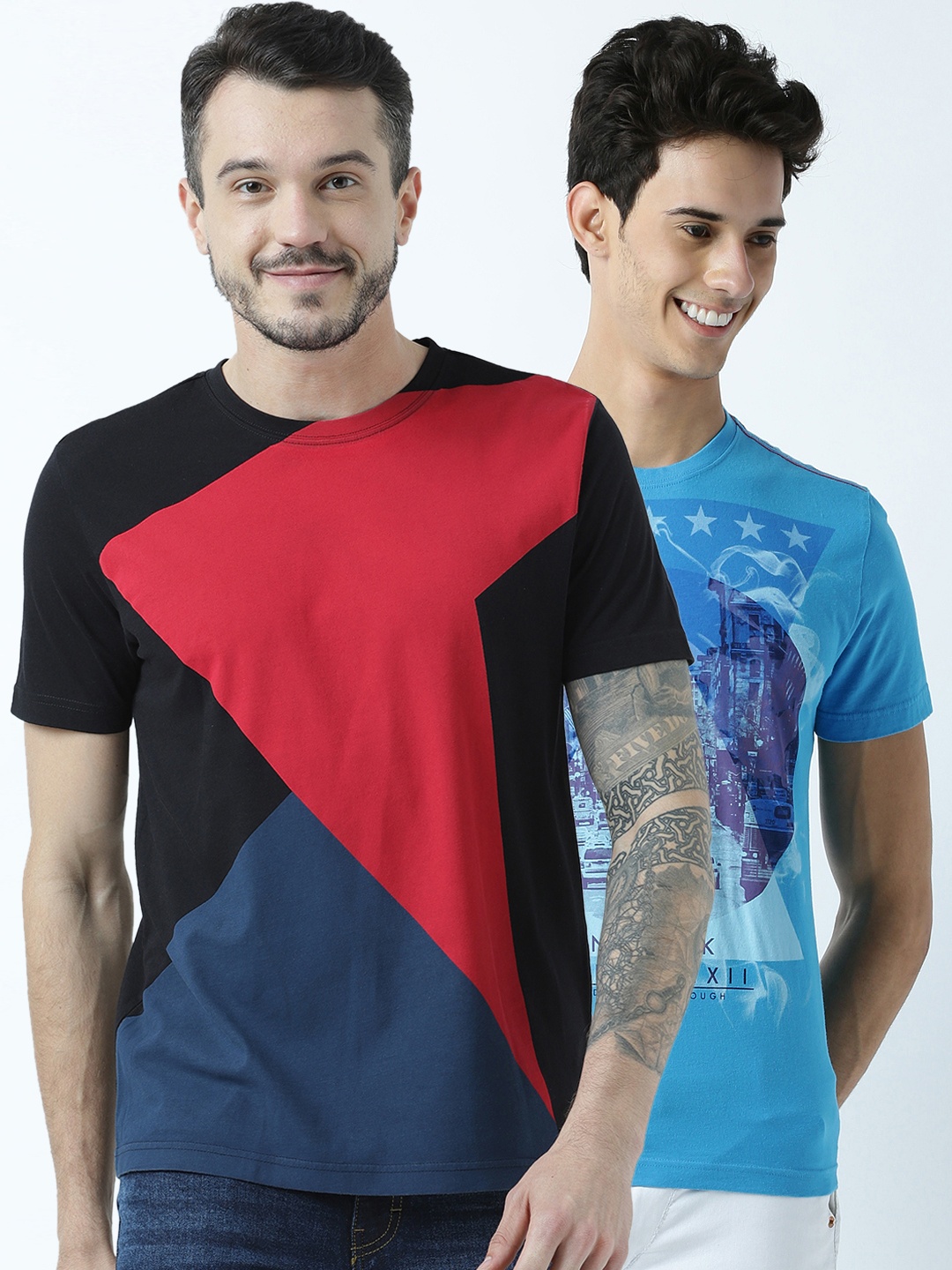 

Huetrap Men Pack Of 2 Printed Round Neck T-shirt, Turquoise blue