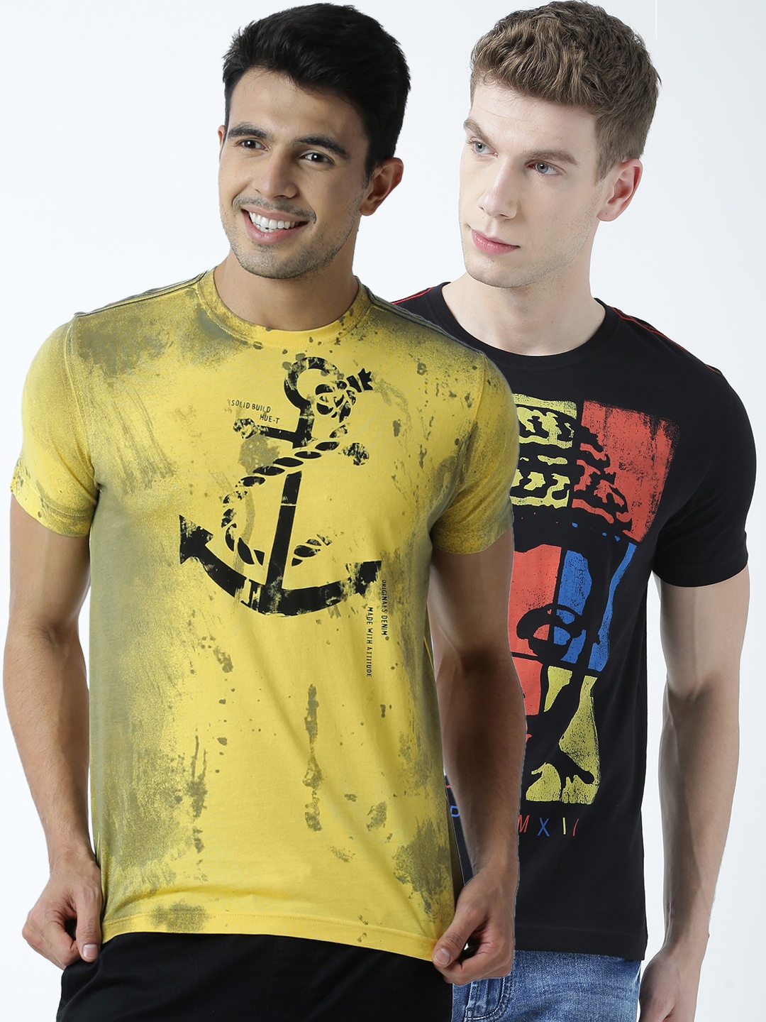 

Huetrap Men Pack of 2 Black & Yellow Printed Round Neck T-shirt