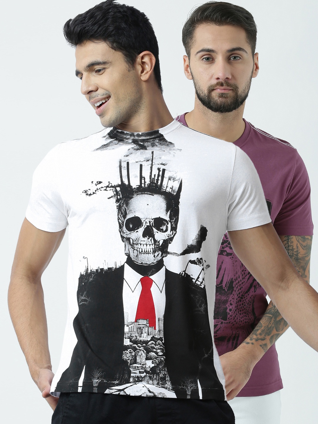 

Huetrap Men Pack of 2 Printed Round Neck T-shirts, Mauve