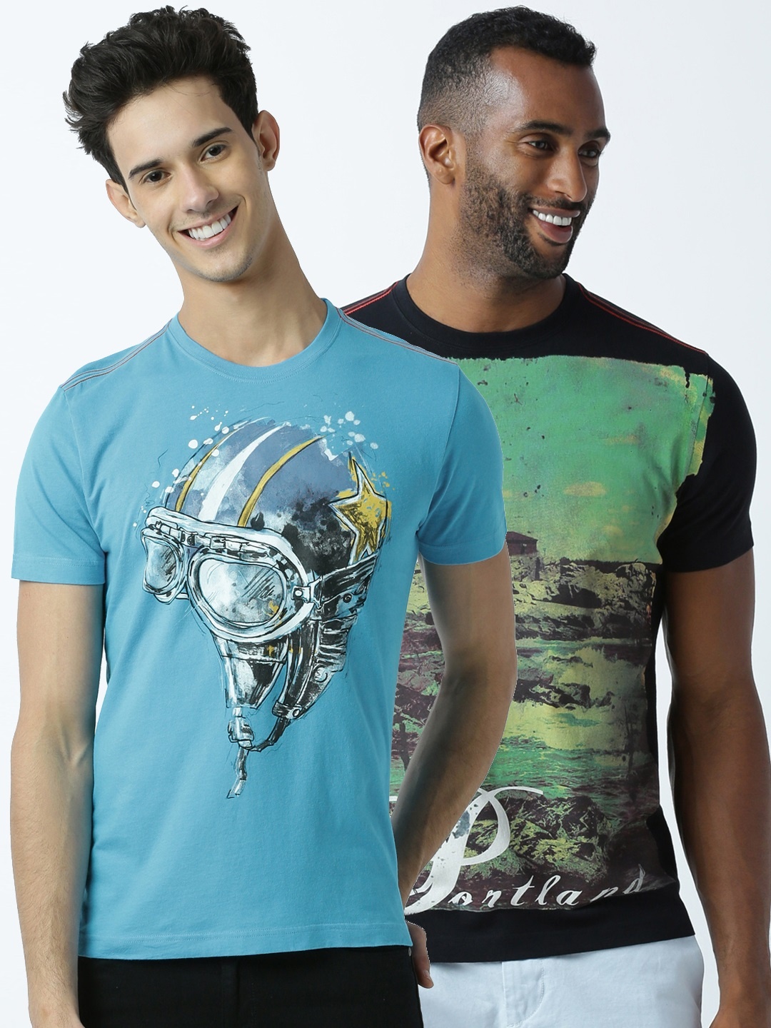 

Huetrap Men Pack Of 2 Printed Round Neck T-shirt, Turquoise blue