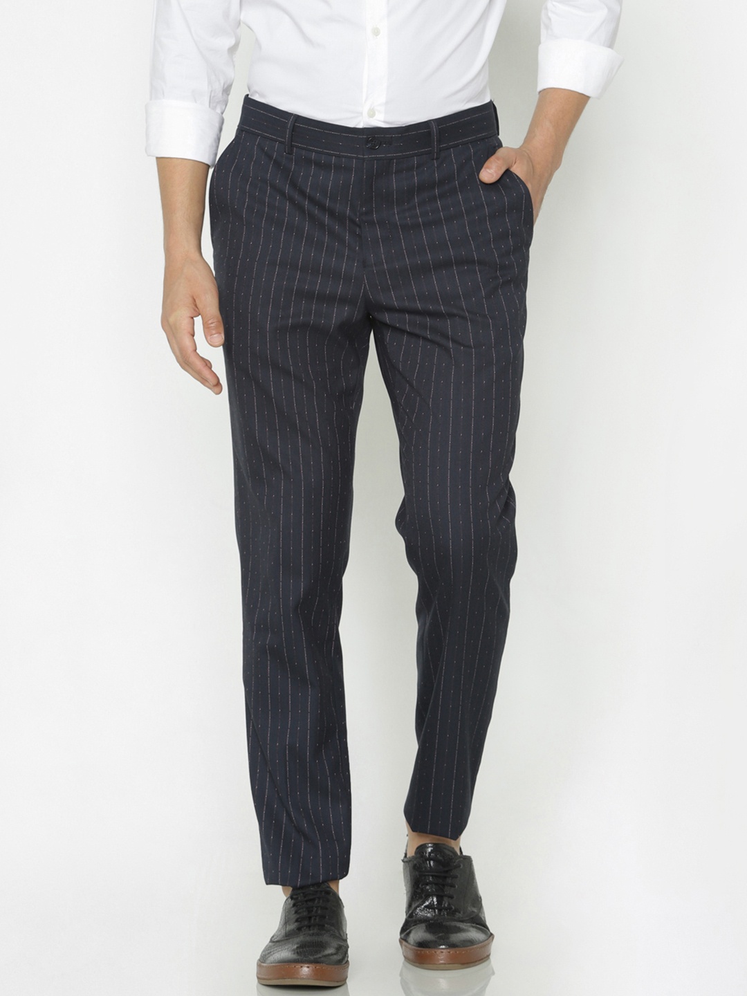 

Jack & Jones Men Blue Slim Fit Self Striped Smart Casual Regular Trousers