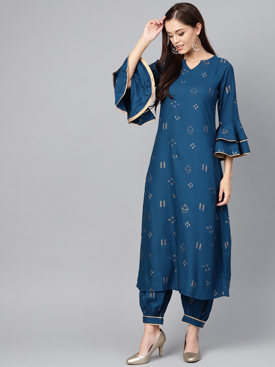 

Indo Era Women Navy Blue & Golden Printed Kurta with Salwar