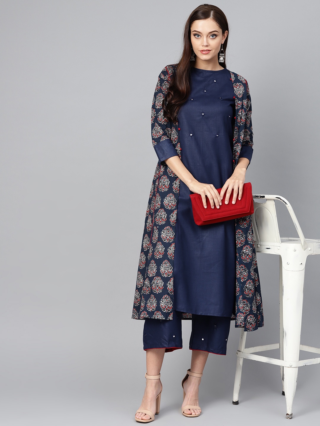 

Indo Era Women Navy Blue Solid A-Line Kurta with Ethnic Jacket