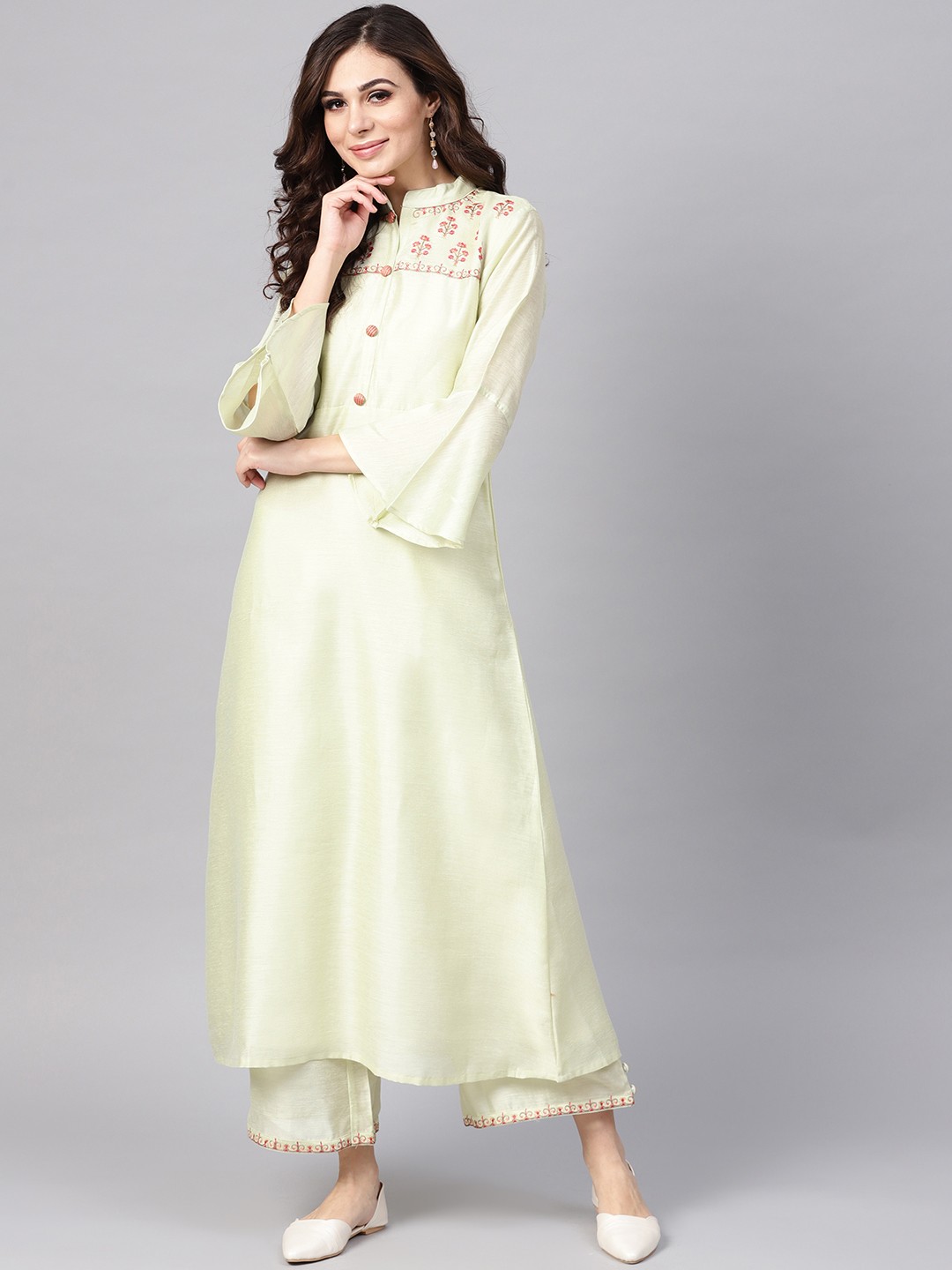 

Indo Era Women Green Embroidered A-Line Kurta