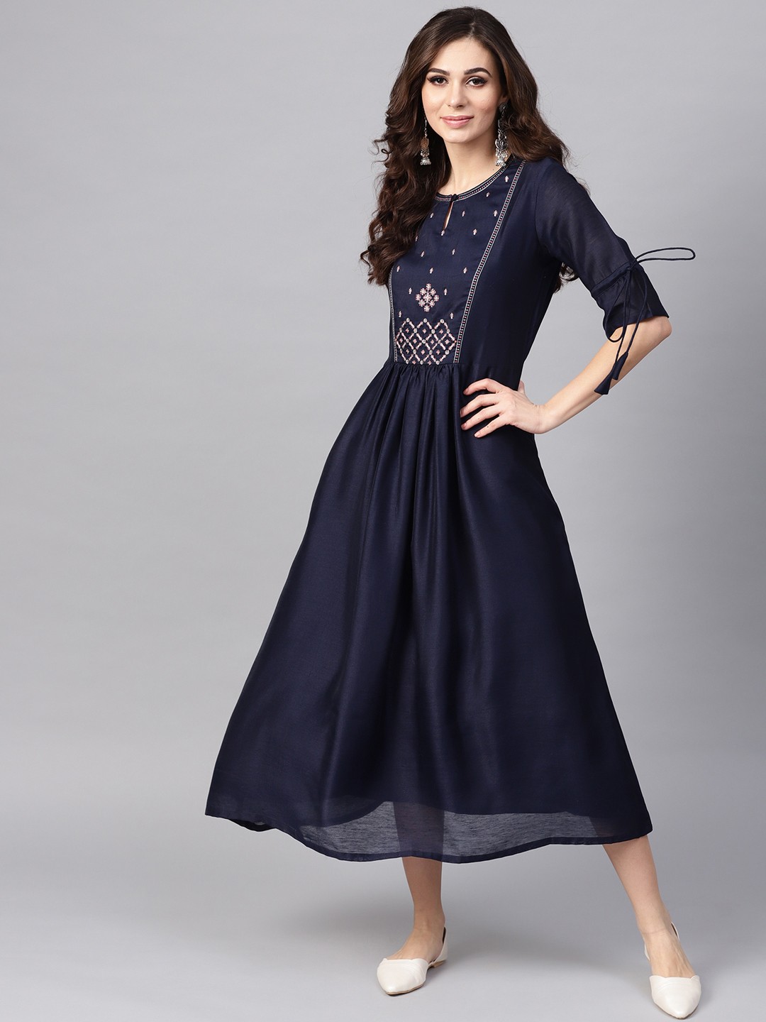 

Indo Era Women Navy Blue Embroidered A-Line Dress