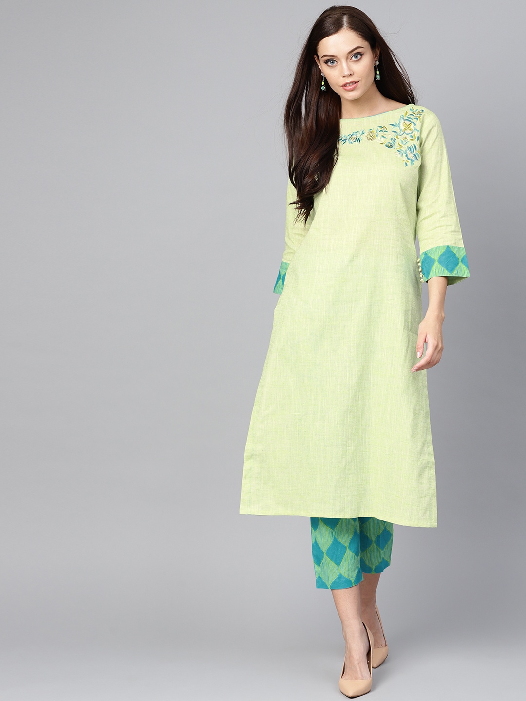 

Indo Era Women Green Embroidered Kurta with Trousers