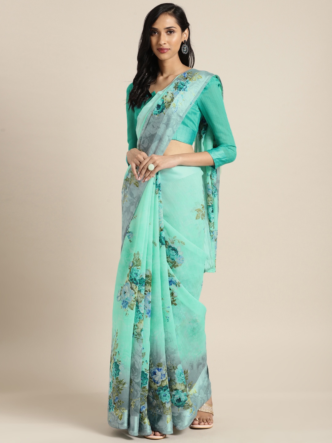 

Saree mall Sea Green & Grey Silk Cotton Printed Saree