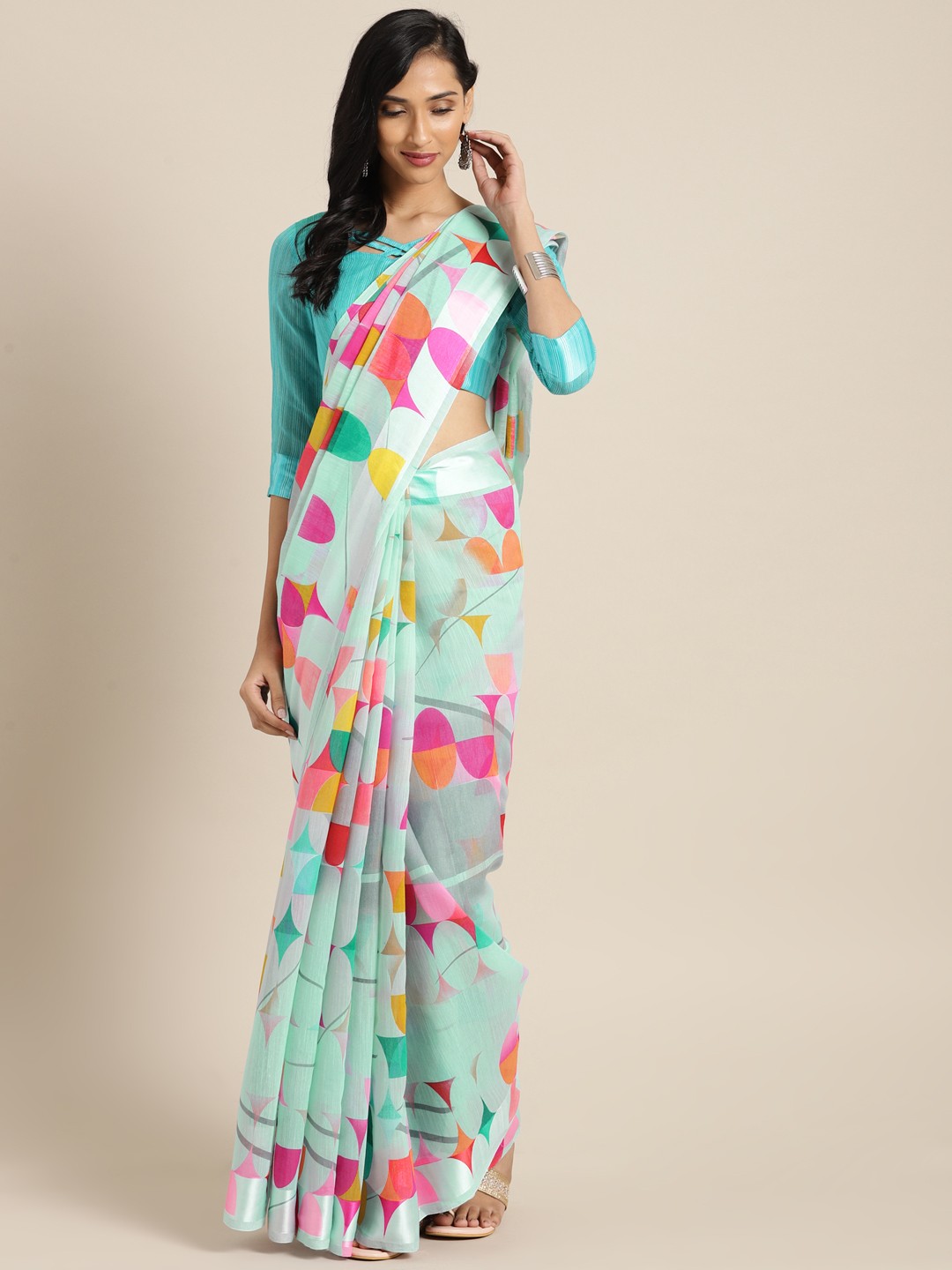 

Saree mall Blue & Sea Green Silk Cotton Printed Saree
