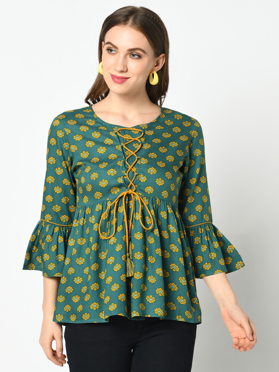 

Azira Women Green & Yellow Printed Empire Top