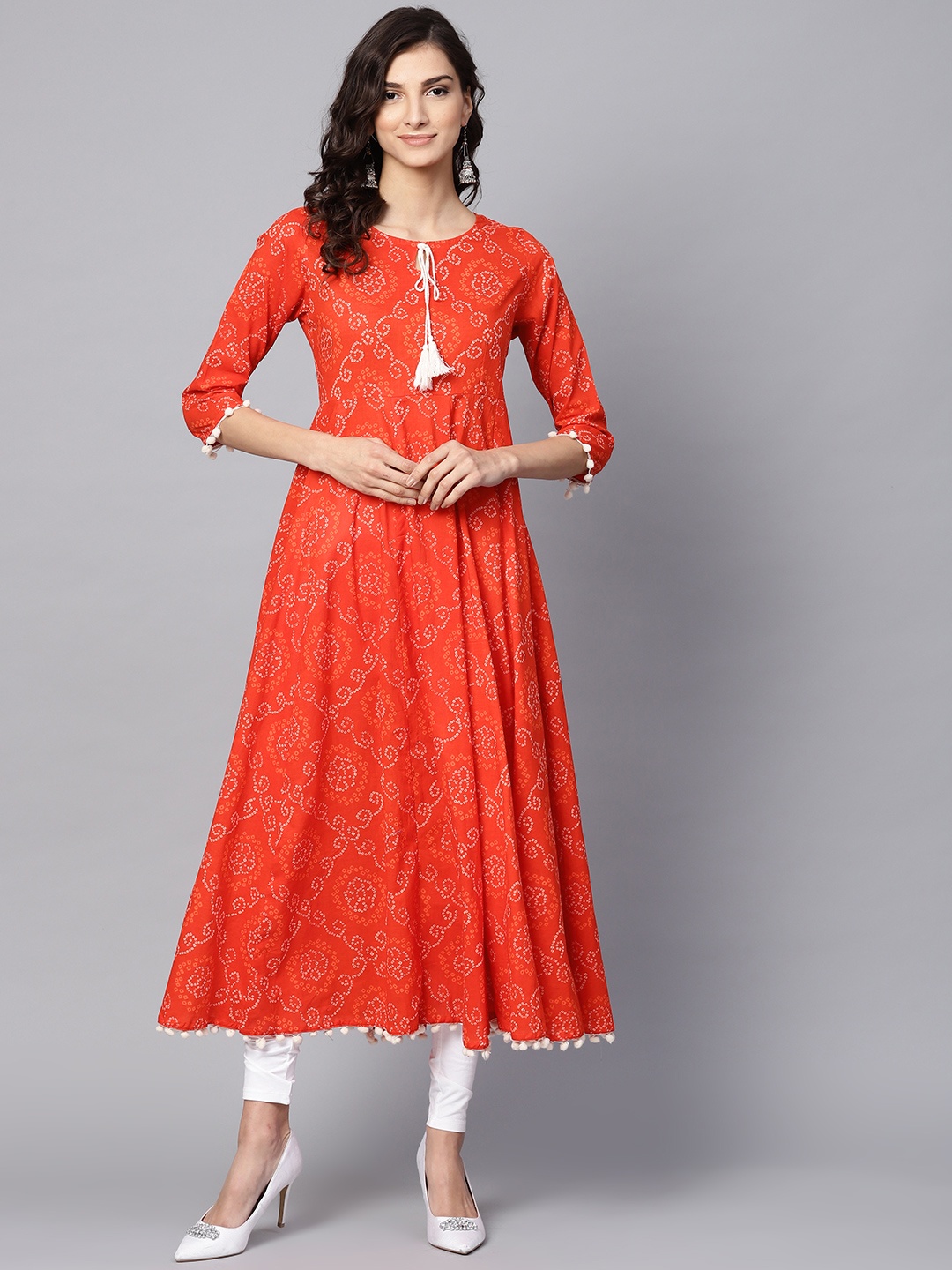

Azira Women Orange & Off-White Bandhani Print Anarkali Kurta