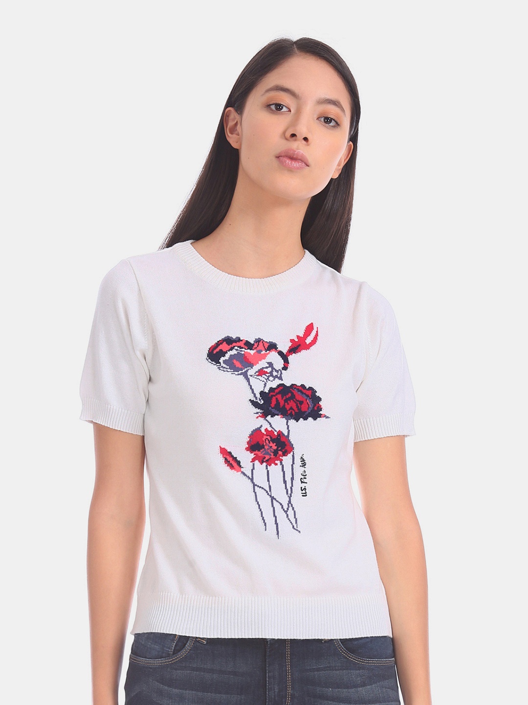 

U.S. Polo Assn. Women Off-White Printed Pure Cotton Top