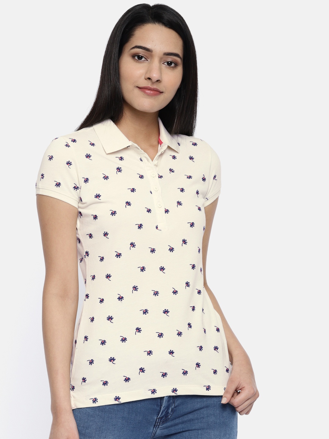 

U.S. Polo Assn. Women Women Beige Self Design Polo Collar Pure Cotton T-shirt