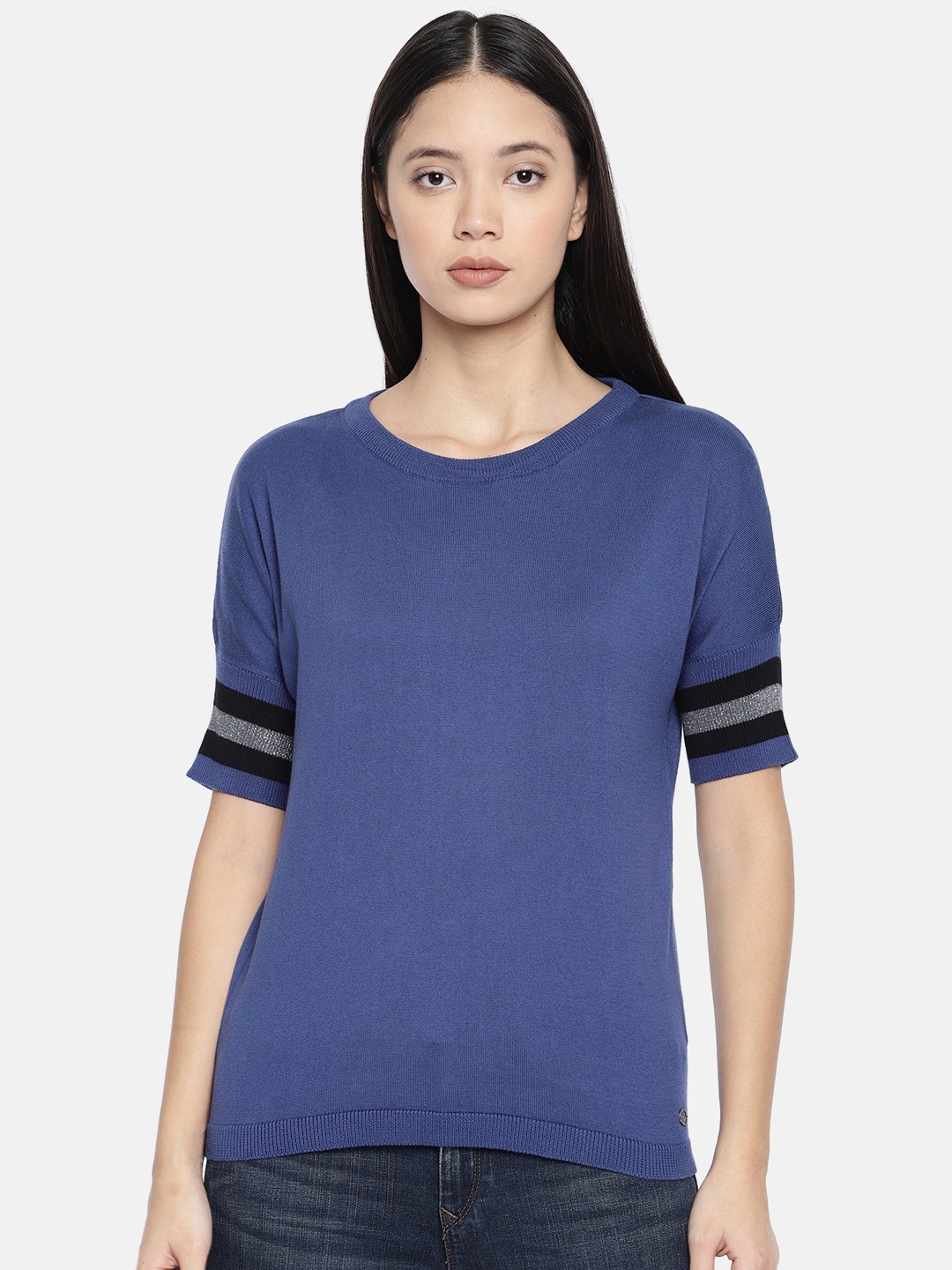 

U.S. Polo Assn. Women Women Navy Blue Solid Pure Cotton Top