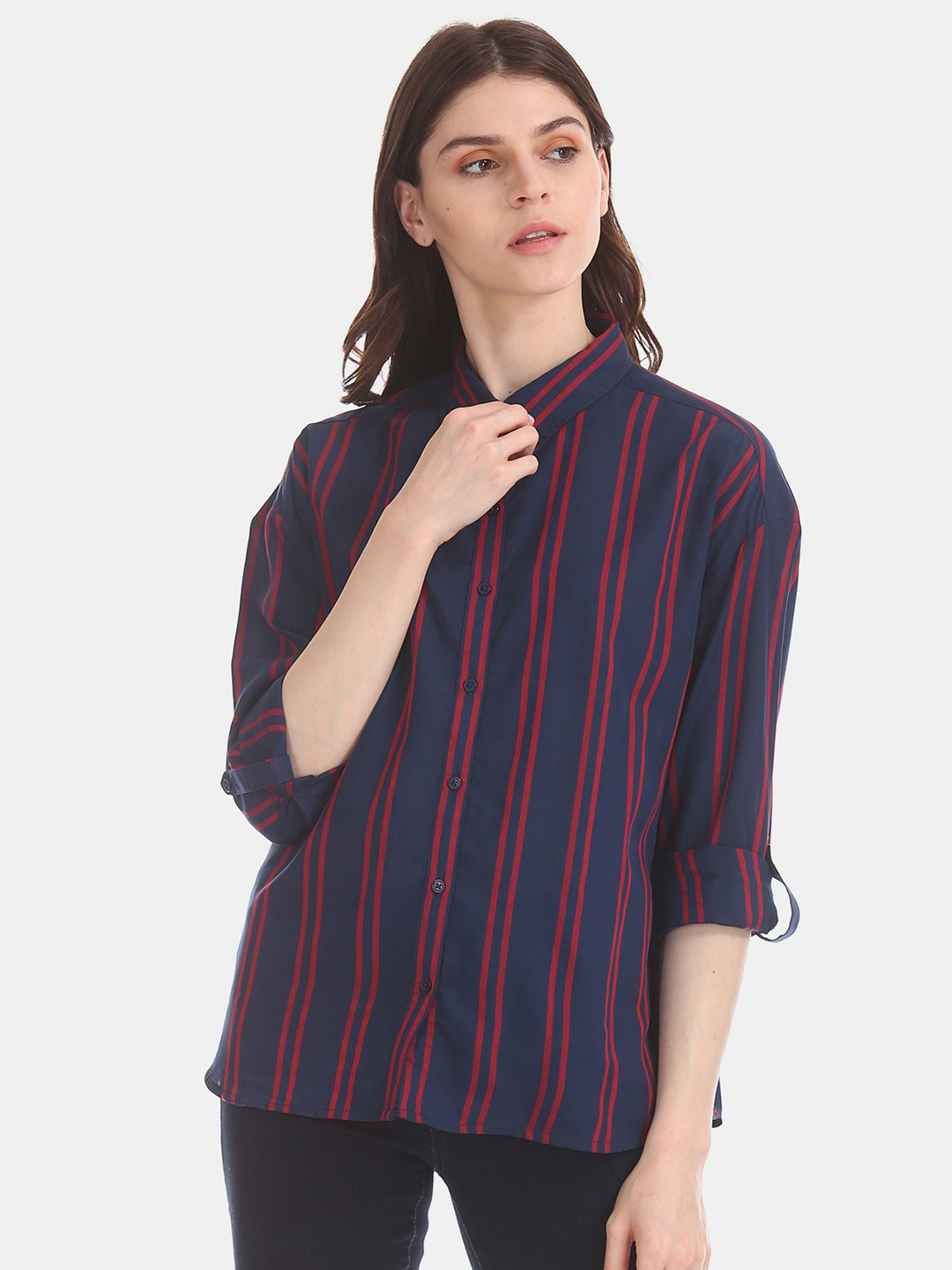 

U.S. Polo Assn. Women Navy Blue & Red Regular Fit Striped Casual Shirt