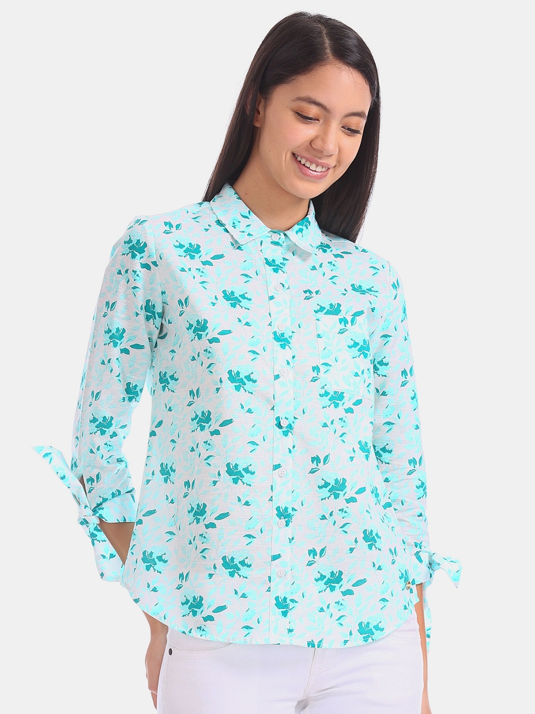 

U.S. Polo Assn. Women Turquoise Blue Regular Fit Printed Casual Shirt