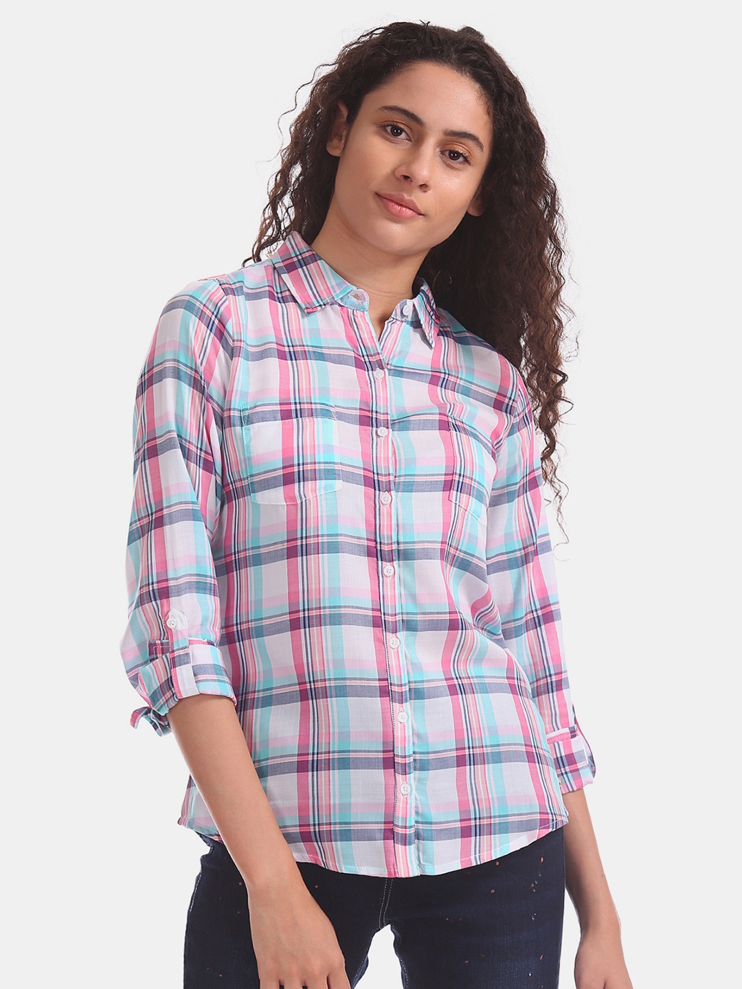 

U.S. Polo Assn. Women Off-White & Pink Regular Fit Checked Casual Shirt