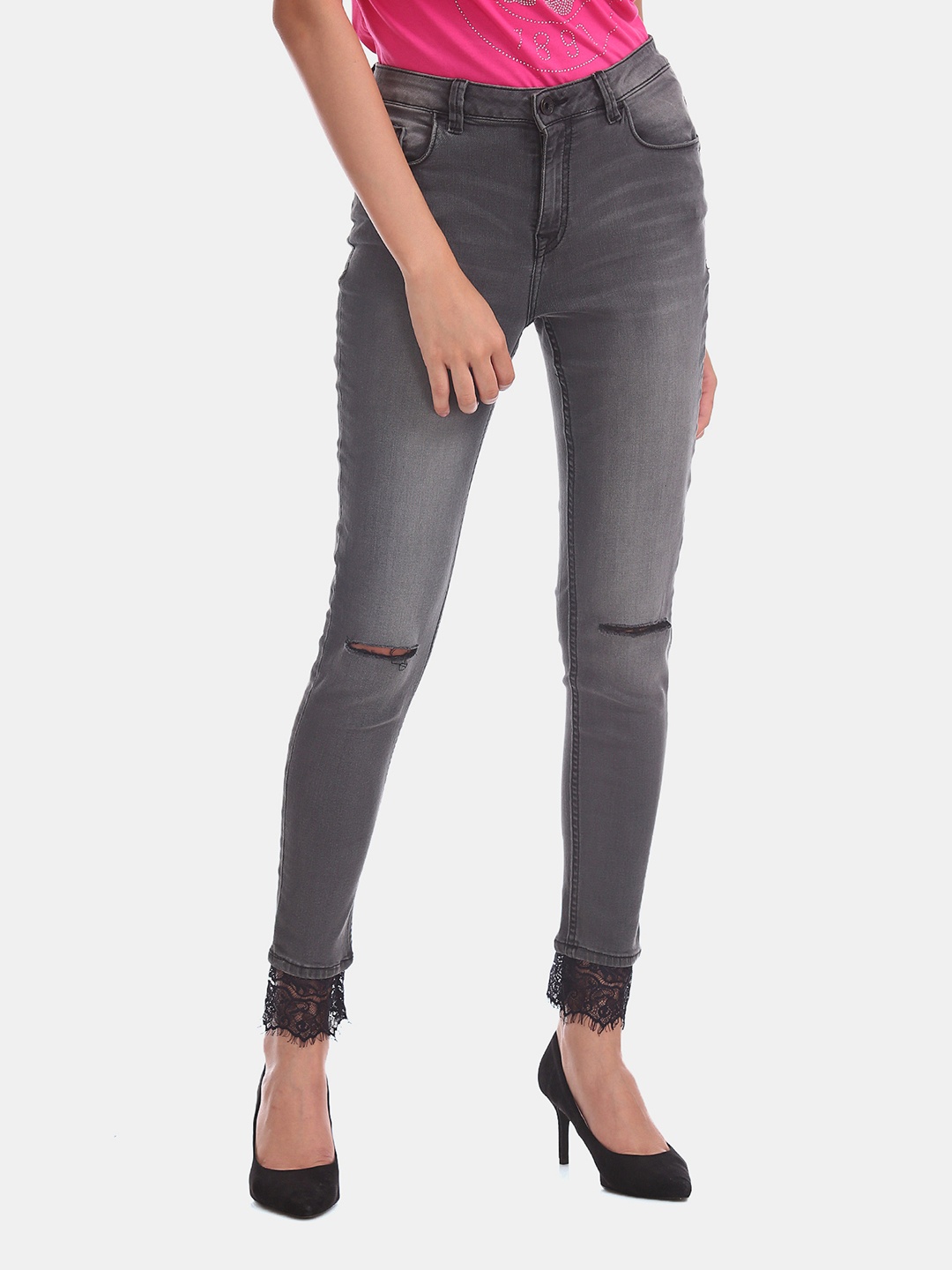 

U.S. Polo Assn. Women Women Grey Skinny Fit High-Rise Mildly Distressed Jeans