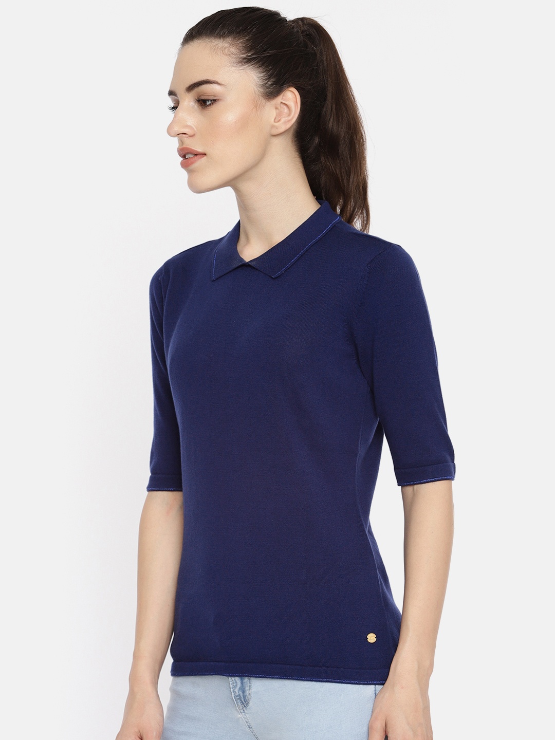

U.S. Polo Assn. Women Blue Solid Polo Collar Pure Cotton T-shirt