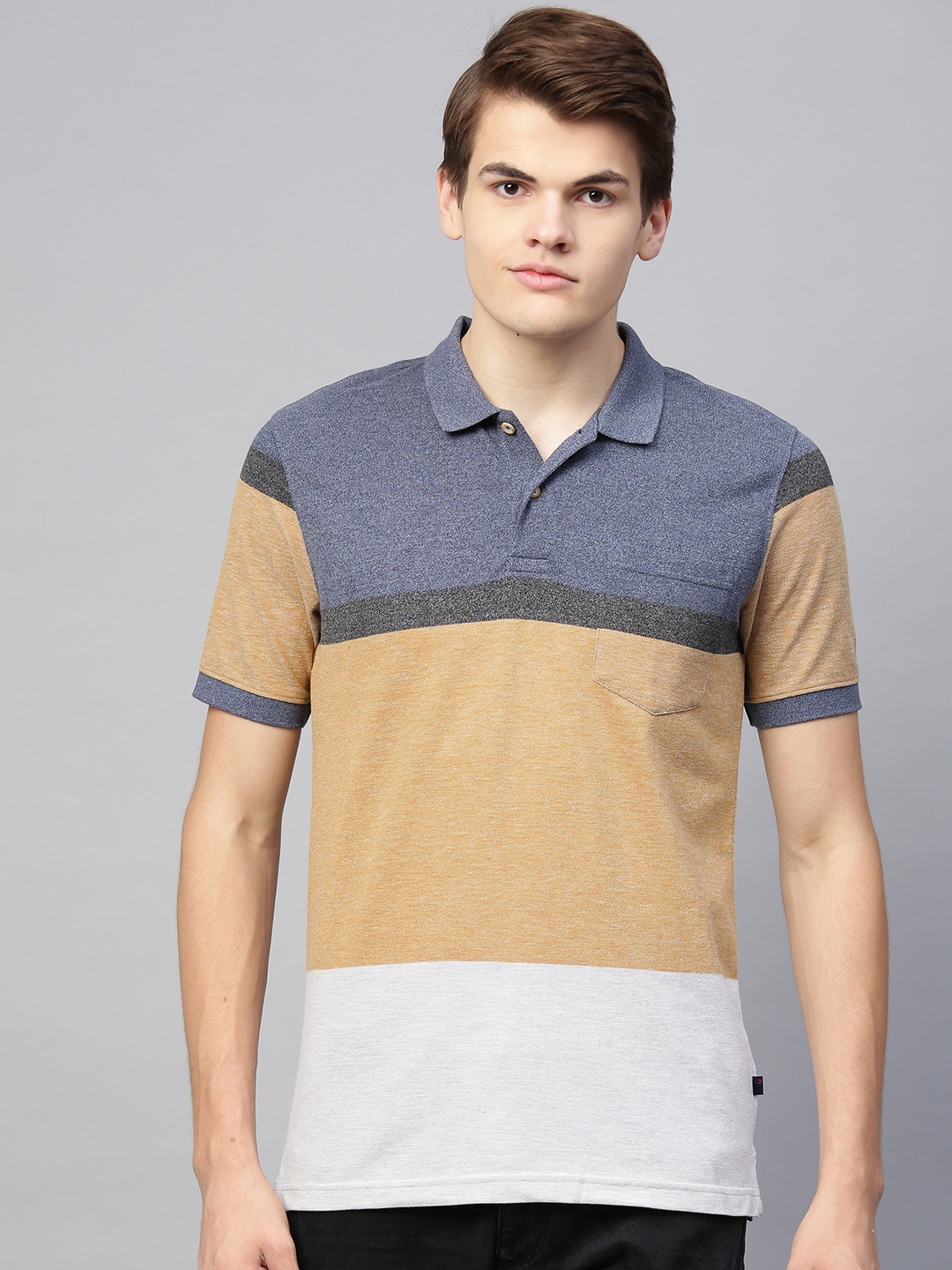 

Peter England Casuals Men Beige & Navy Blue Colourblocked Polo Collar T-shirt