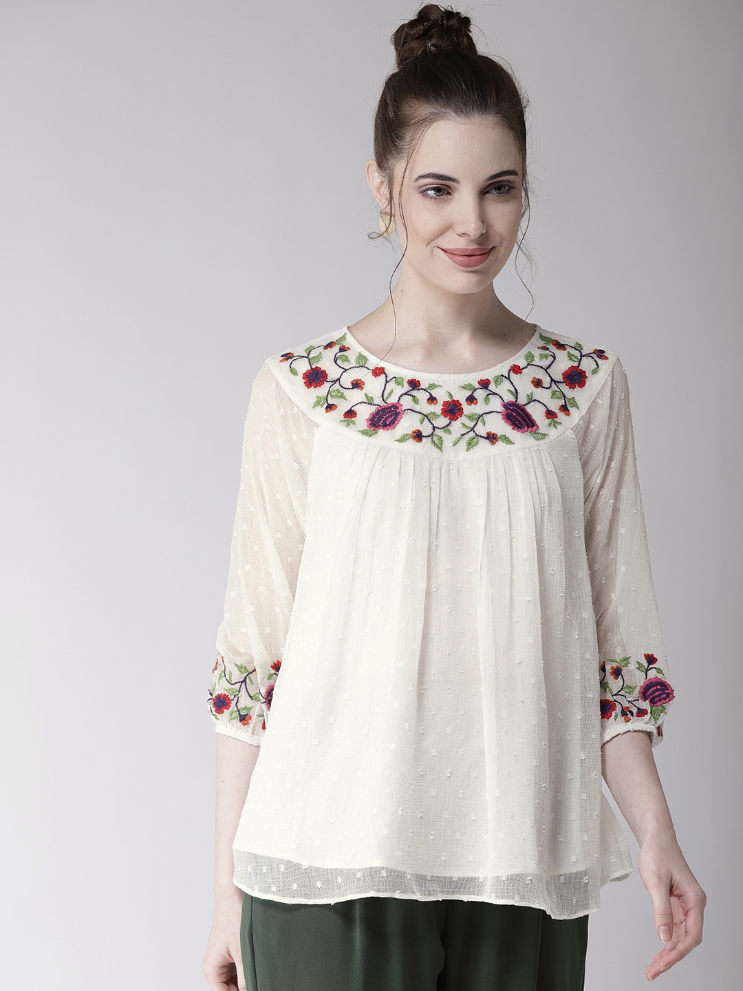 

Antheaa White Embroidered A-Line Top