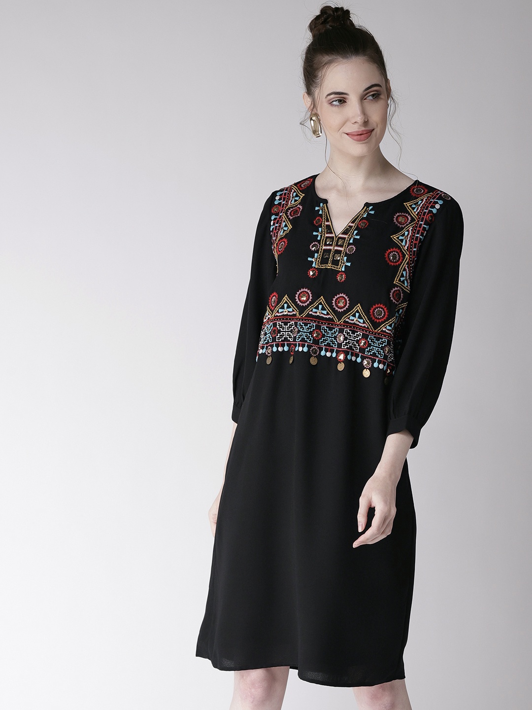 

Antheaa Women Black Embroidered A-Line Dress